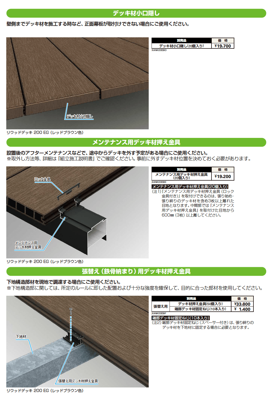 YKK AP リウッドデッキ 200 各種デッキ材押え部材・金具／スロープ納まり／デッキ材小口隠し（2023年版）2