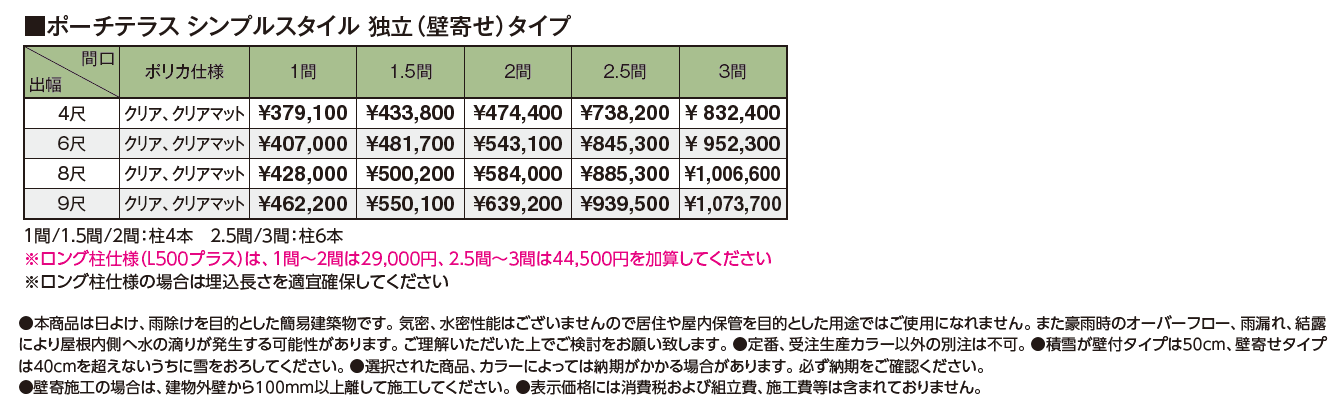 ポーチテラス®︎ シンプルスタイル(独立(壁寄せ)タイプ)_価格_1