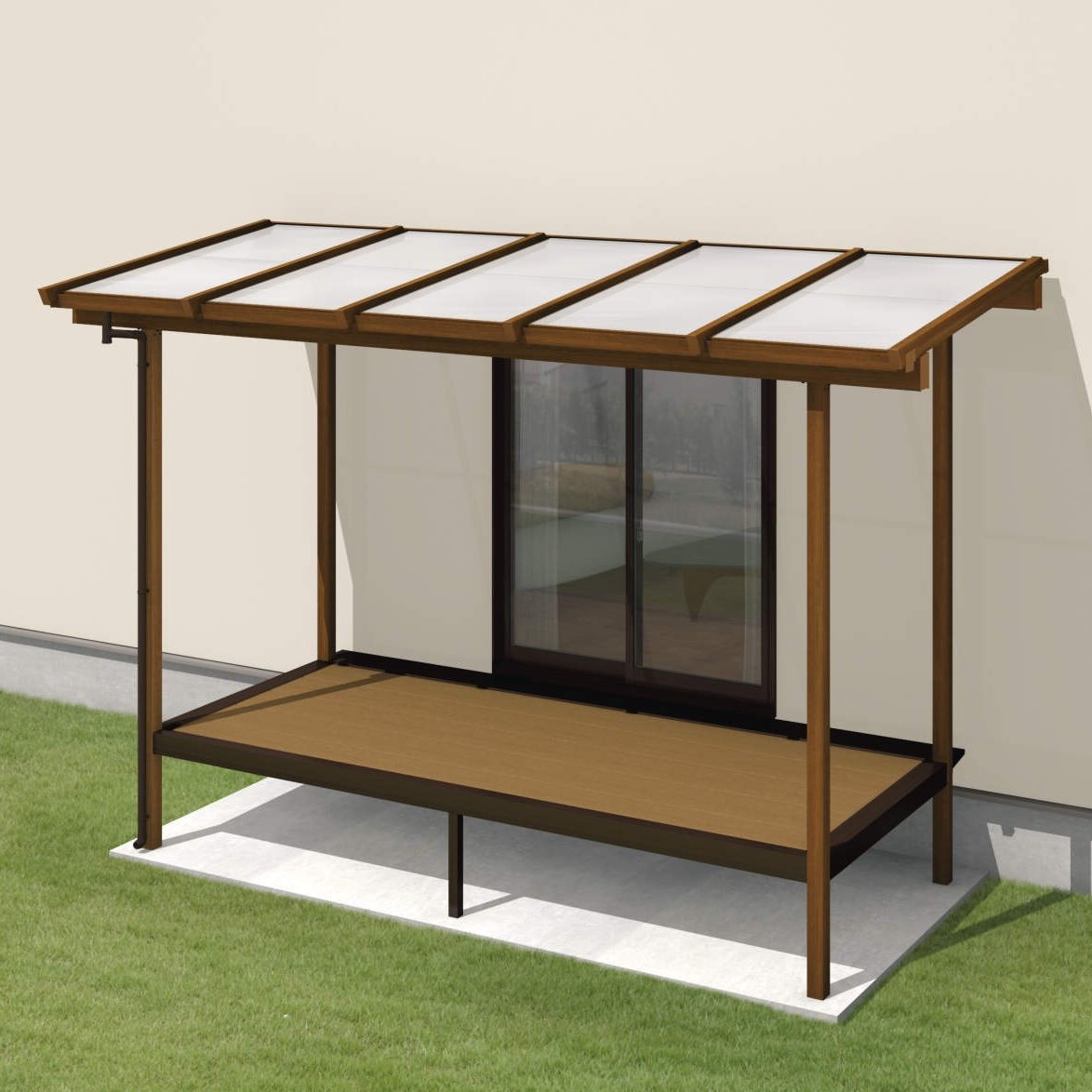 三協アルミの「ナチュレN屋根(オルネ ステージタイプ(縁台)用 600タイプ 壁寄せ納まり)」
