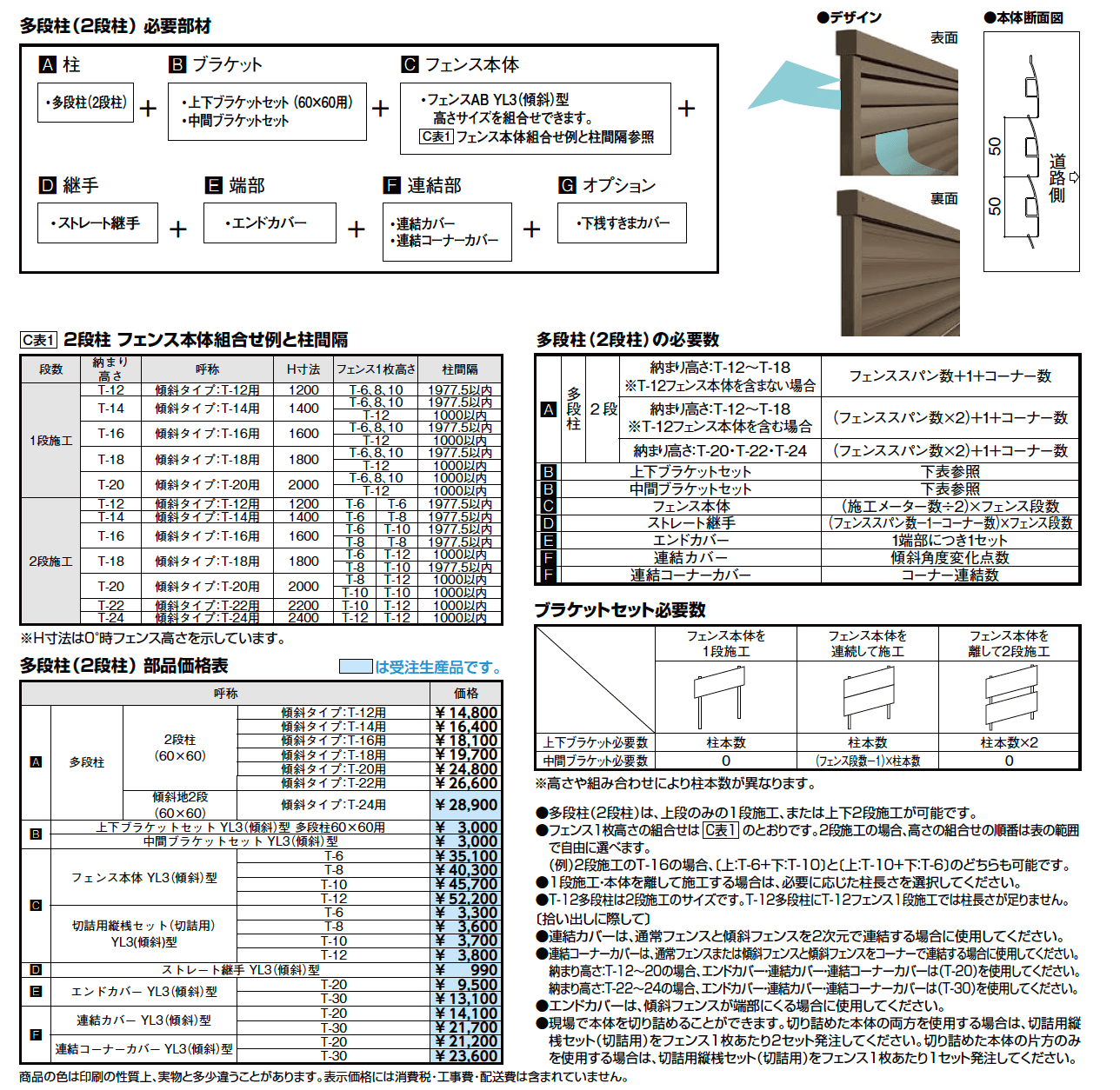 フェンスAB YL3(傾斜)型(横ルーバー)多段柱(2段柱)【2023年版】_価格_1