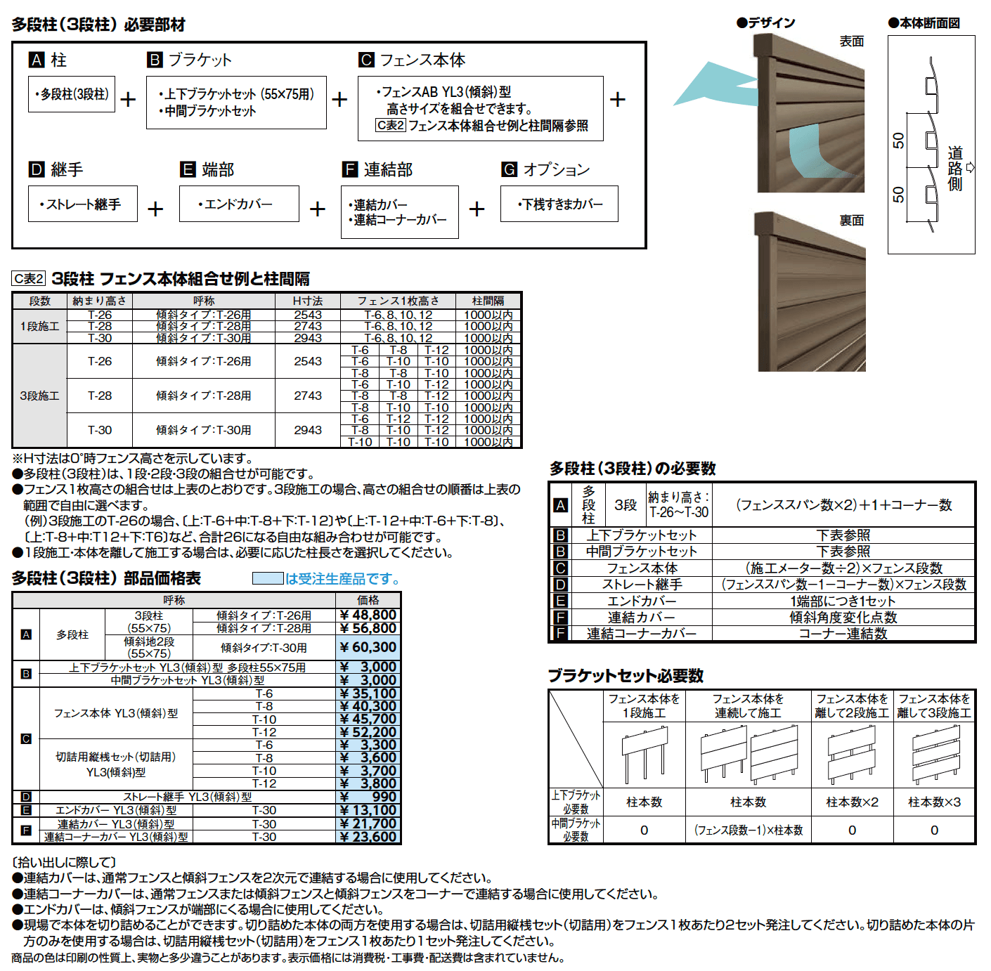 フェンスAB YL3(傾斜)型(横ルーバー)多段柱(3段柱)【2023年版】_価格_1
