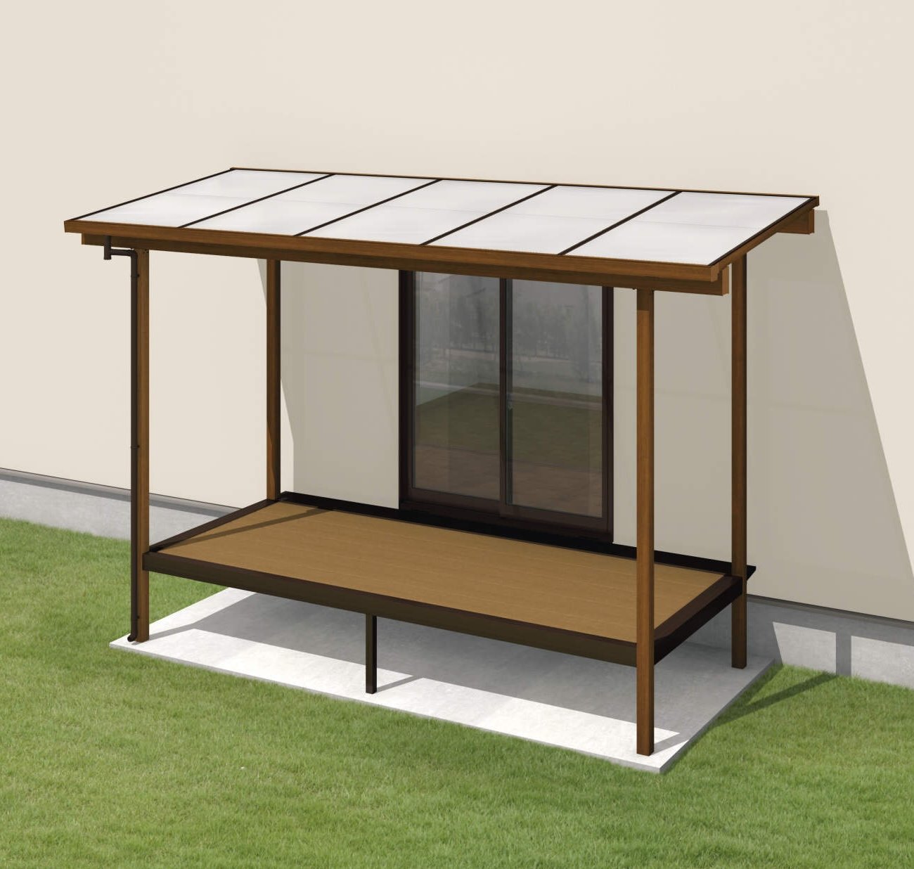 三協アルミの「ナチュレS屋根(オルネ ステージタイプ(縁台)用 600タイプ 壁寄せ納まり)」