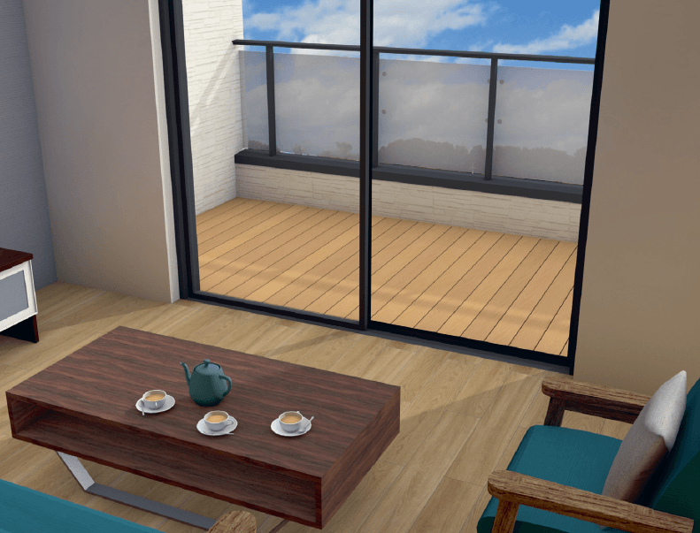 タカショーの「エバーエコ®︎ ウッド バルコニーデッキ仕様」