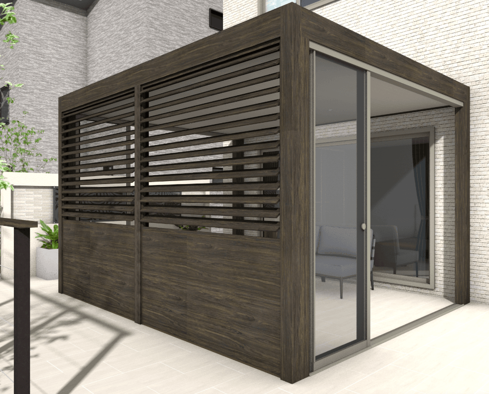 タカショーの「ホームヤードルーフ®︎システム 可動ルーバーフェンス」