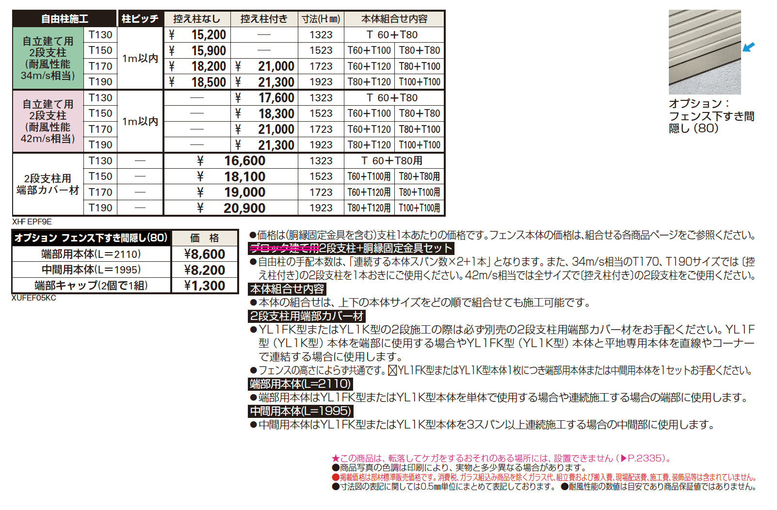 ルシアス フェンスYL1FK型 シンプレオ フェンスYL1K型 傾斜地用横ルーバー〈 自立建て用〉2段支柱 【2024.6月発売】【2024年版】_価格_1