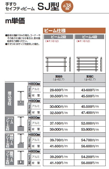 手すり セイフティビーム SU型Φ34mm / SJ型Φ38mm ビーム仕様・ビーム2段【2024年版】_価格_2
