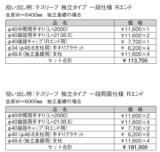 テスリーフ 独立タイプ フロントレール納まり/一段仕様・一段両面仕様_価格_2