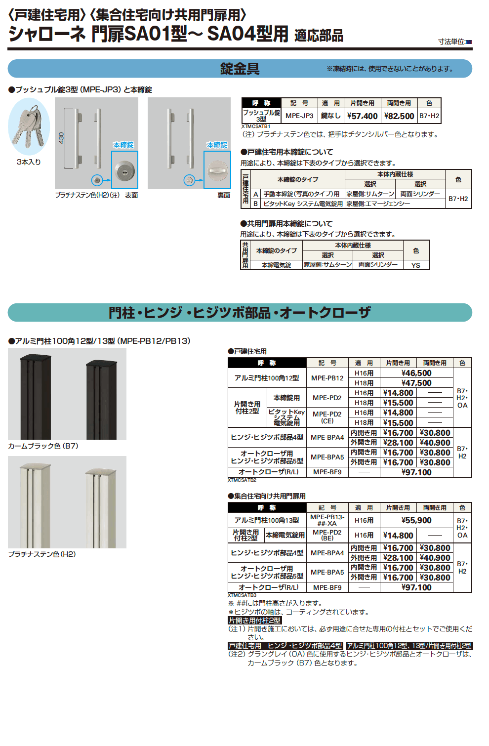 YKK AP 適応部品/シャローネ門扉SA01型〜SA04型用(2023年版)1