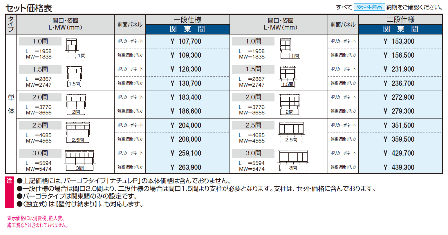 ナチュレS(前面パネル 一段仕様 独立式 テラスタイプ 壁寄せ納まり・独立納まり)【2024年版】_価格_1