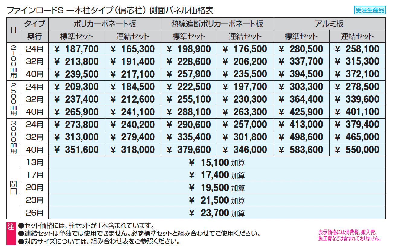 通路シェルター用 一本柱タイプ(偏芯柱) 側面パネル ファインロードS 一般地域型_価格_1