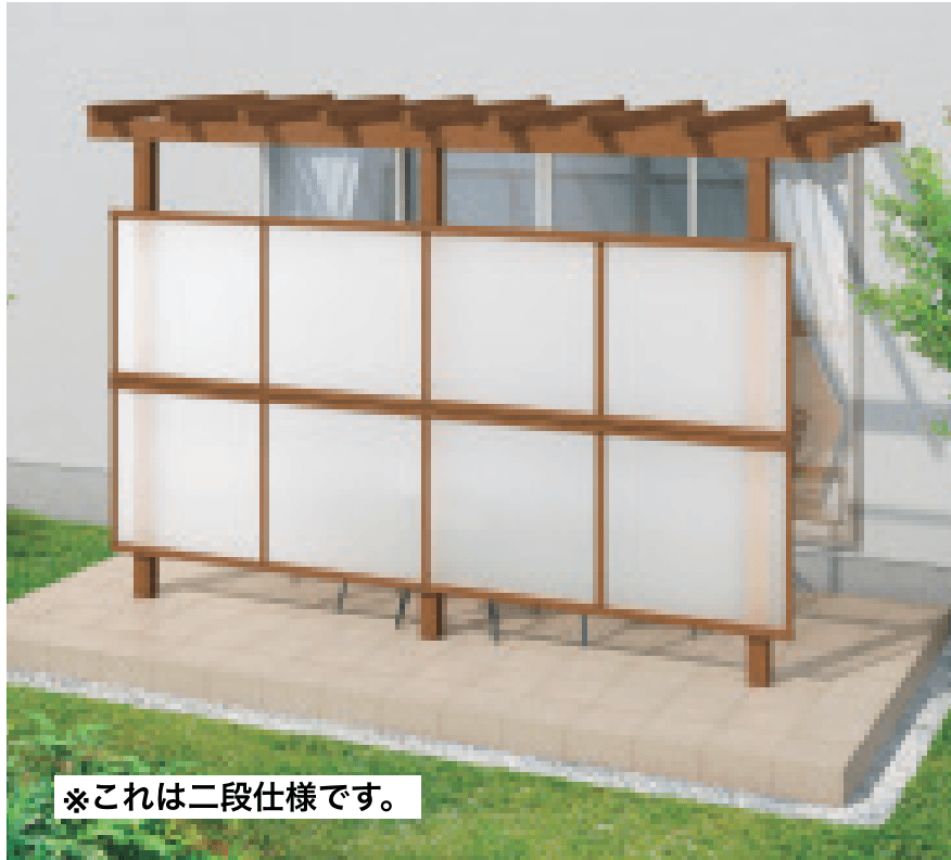 三協アルミの「ナチュレP(前面パネル 一段仕様 テラス柱直付け式 パーゴラタイプ 壁付け納まり)【2023年版】」