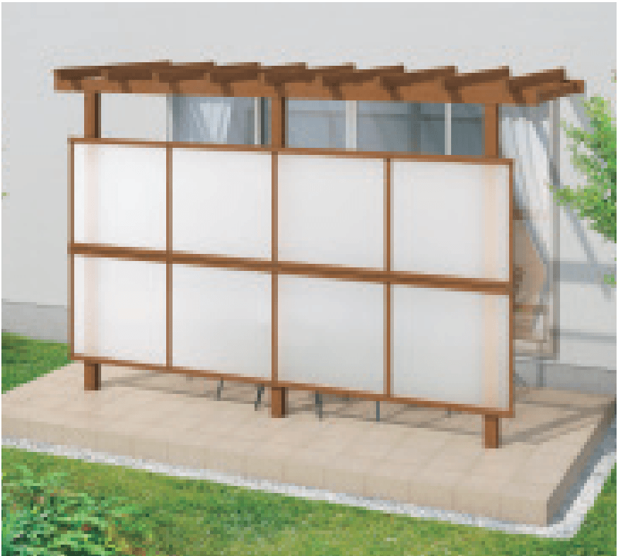 三協アルミの「ナチュレP(前面パネル 二段仕様 テラス柱直付け式 パーゴラタイプ 壁付け納まり)【2023年版】」