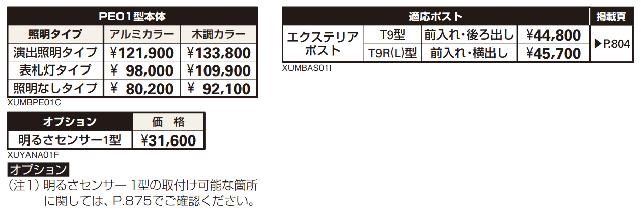 エクステリアポストT9型、T9R(L)型取付用ルシアス ポストユニット PE01型 【2022年版】_価格_2