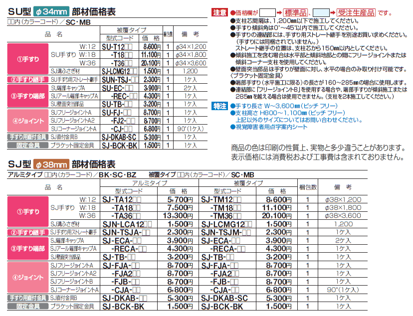手すり セイフティビーム SU型Φ34mm / SJ型Φ38mm 標準仕様・手すり1段【2024年版】_価格_6