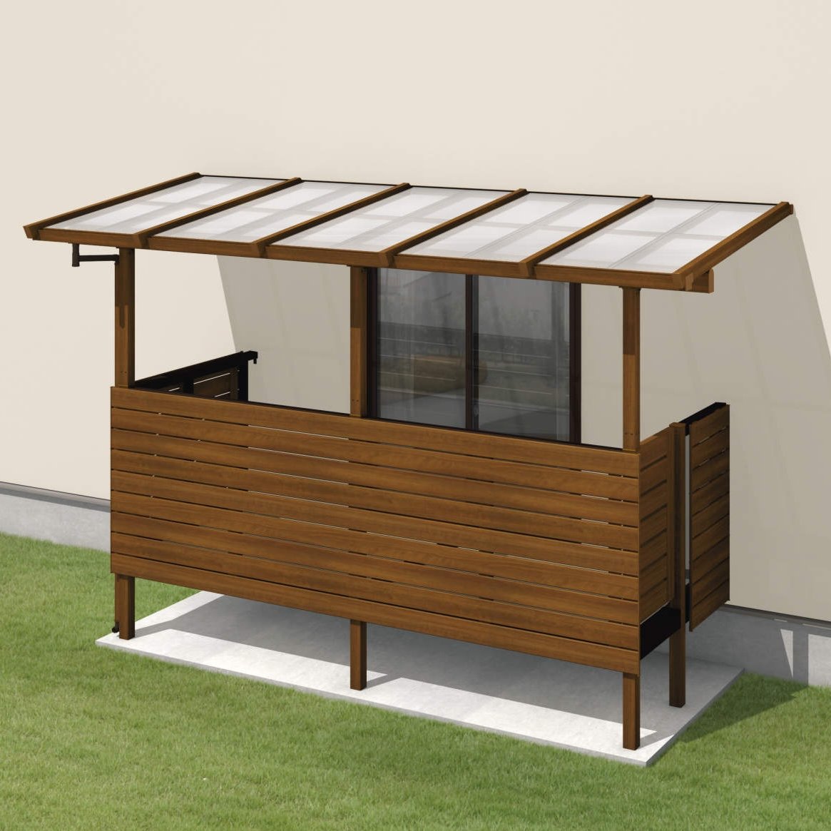 三協アルミの「ナチュレN屋根(オルネ 庭置き式用 1500タイプ 壁付け納まり)」