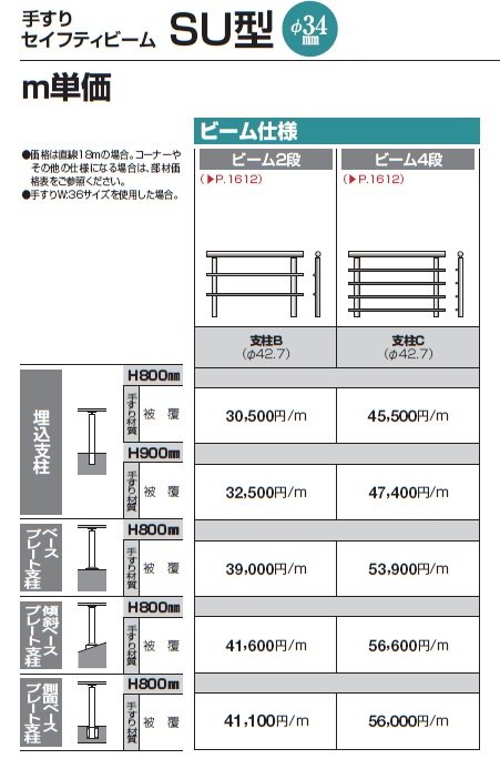 手すり セイフティビーム SU型Φ34mm / SJ型Φ38mm ビーム仕様・ビーム2段【2024年版】_価格_1