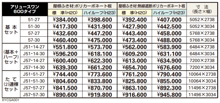 アリュース ワン 600タイプ 基本セット/(基本+ハーフ)セット/たて(2)連棟セット 【2022年版】_価格_1