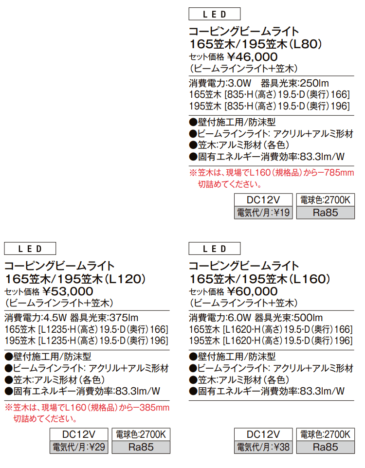 コーピングビームライト L80、L120 、L160【2022年版】_価格_1