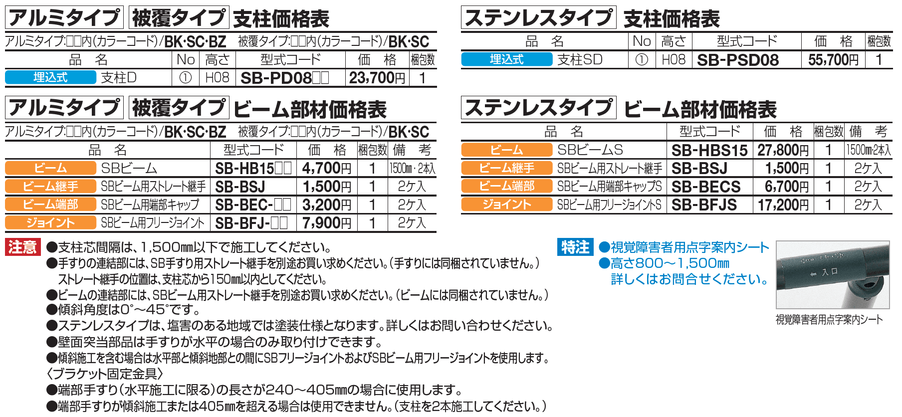 手すり セイフティビーム SB型 (アルミ・被覆・ステンレスタイプ)防護柵仕様・手すり1段【2023年版】_価格_9