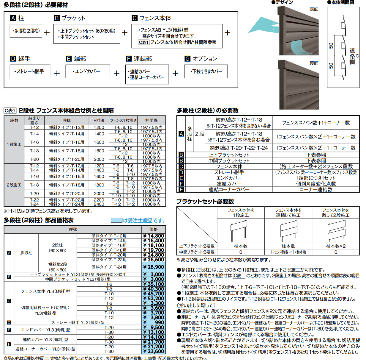 フェンスAB YL3(傾斜)型(横ルーバー)多段柱(2段柱)【2022年版】_価格_1