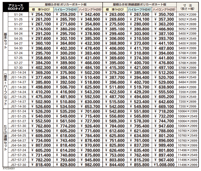 アリュース 600タイプ 基本セット/(基本+ハーフ)セット/たて(2)連棟セット 【2022年版】_価格_1
