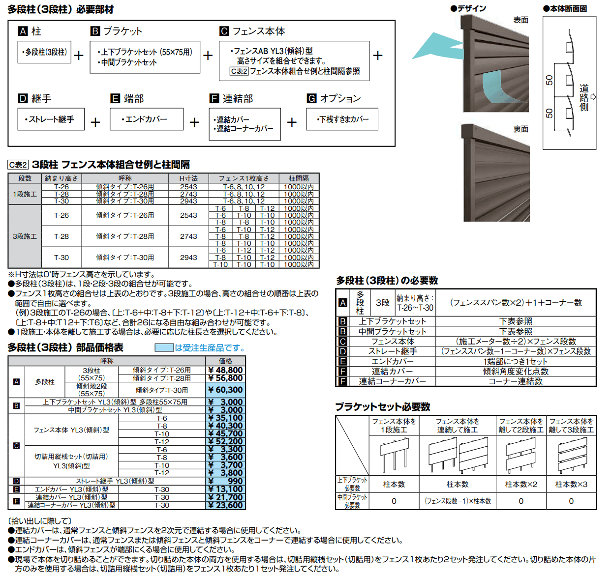 フェンスAB YL3(傾斜)型(横ルーバー)多段柱(3段柱)【2022年版】_価格_1