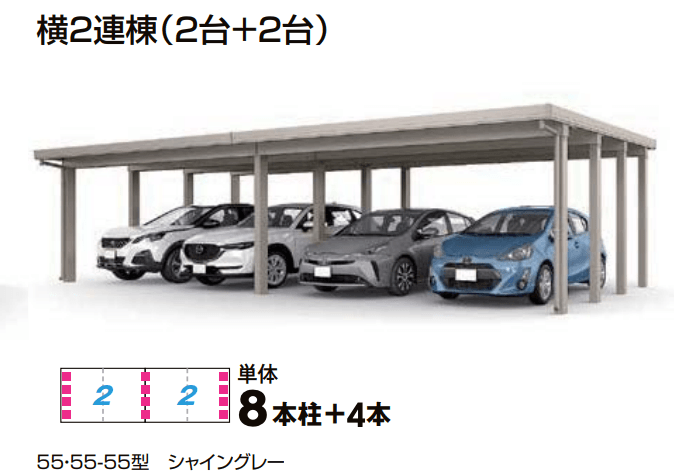 カーポートST 6000タイプ 4台用 横2連棟1