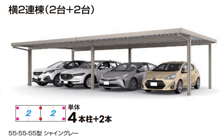 LIXILの「カーポートSW 1500タイプ 4台用 横2連棟【2023年版】」