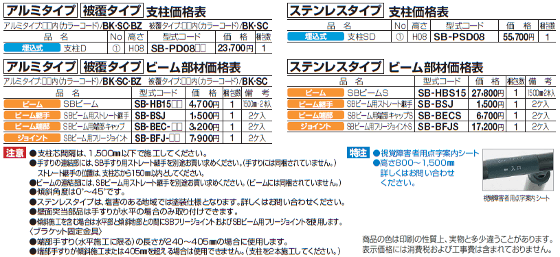 手すり セイフティビーム SB型 (アルミ・被覆・ステンレスタイプ)防護柵仕様・手すり1段【2024年版】_価格_8