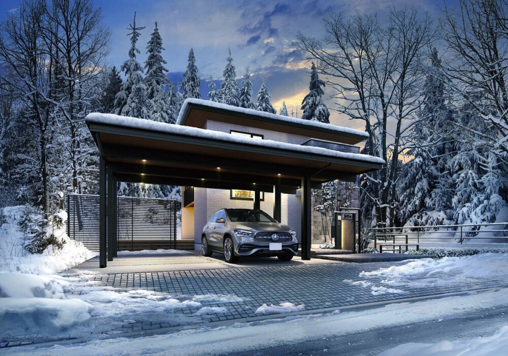堅牢でありつつラグジュアリーなデザインの積雪地向けの車庫屋根。