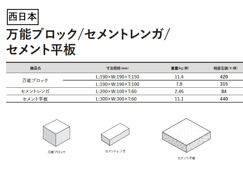 万能ブロック / セメントレンガ / セメント平板【西日本】_価格_1